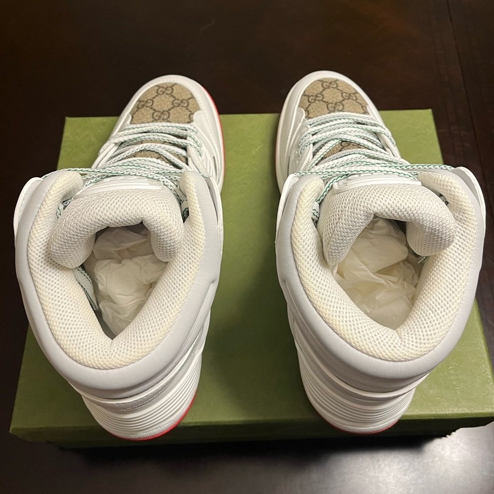 New Gucci High Top GG Supreme Logo White Tan Sneaker Shoes Size UK 10 / US 10.5 - Picture 11 of 15